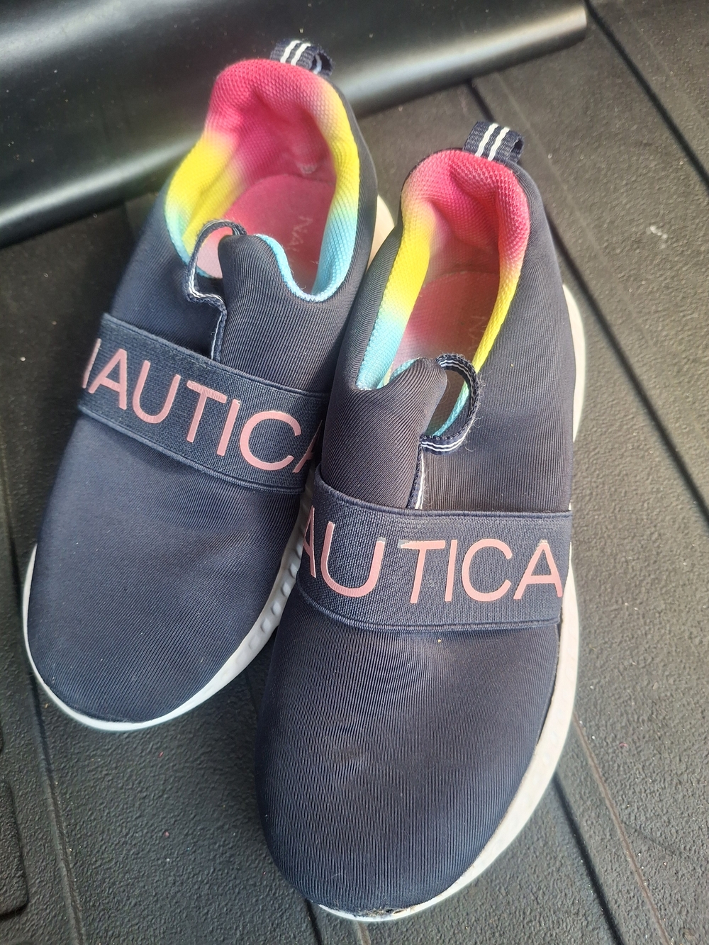 Nautica Kids Navy Slip-On Sneakers with Pink and Rainbow Collar